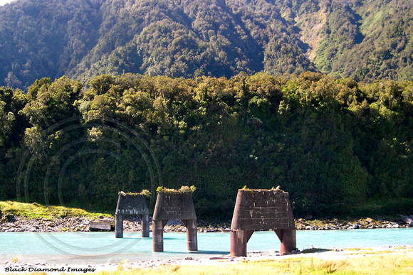 Old Rail Bridge Pylons, Waitaha,  Southern Alps, West Coast South Island, New Zealand