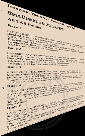 RACE RESULTS - Tuncurry Forster Jockey Club Inaugural Races 14.3.2009