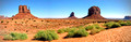Panorama from Visitor Centre, showing West & East Mitten Buttes & the Merrick Butte, Navajo Tribal Park in Northeast Navajo County, Monument Valley, Arizona, USA