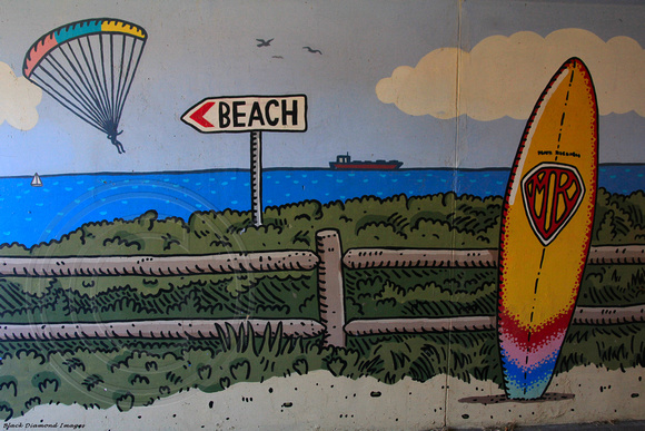 Beach Scene Mural Painted in Shortland Esplanade Underpass From Newcastle Beach, NSW