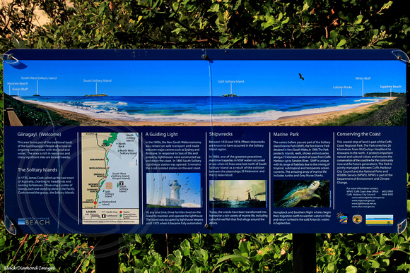 Solitary Islands Marine Park Sign on Dunes at North Sapphire Beach Lookout, Coffs Harbour, NSW, Australia