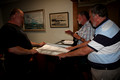 Former owner (1999-2013) of US Army WT85 Protrude, Larry Elliott with Mike White & Chris Borough Viewing plans of 45' Tugboats.