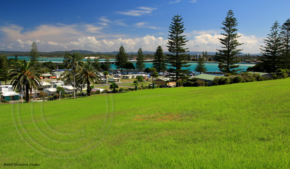 View Over Forster Caravan Park to Wallis Lake and Bridge From Pilot Hill, Forster, NSW