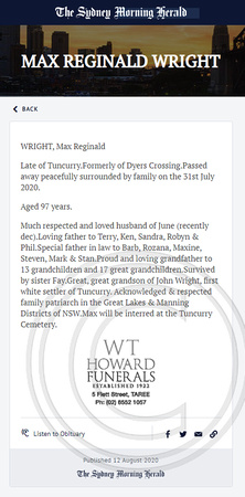 Max Reginald Wright Death Notice SMH 12th Aug 2020