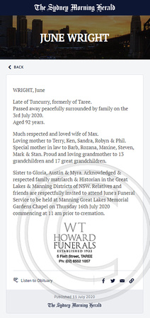 June Wright Death Notice SMH Sat 11th July 2020