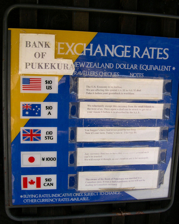 Bank of Pukekura International Exchange Rates, West Coast South Island, New Zealand