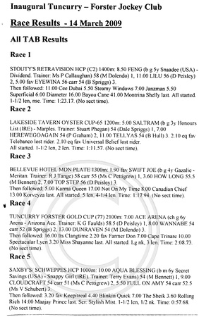 RACE RESULTS - Tuncurry Forster Jockey Club Inaugural Races 14.3.2009